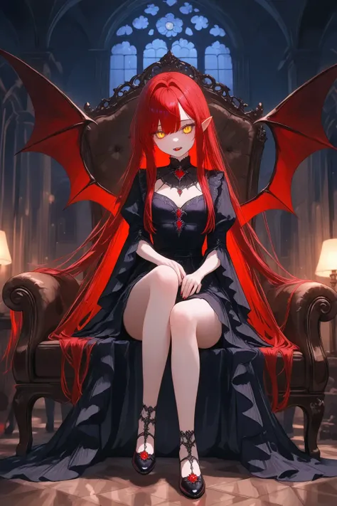  1 girl,  red hair top,
extra long hair, golden eyes, Vamiprin , 2 long pointed vampire teeth,  vampire princess ,  sitting on the sofa , In the manor house ,  shy ,  without wings , no wings, (( masterpiece), (  rolled up ),
(  studio lighting ),   very d...