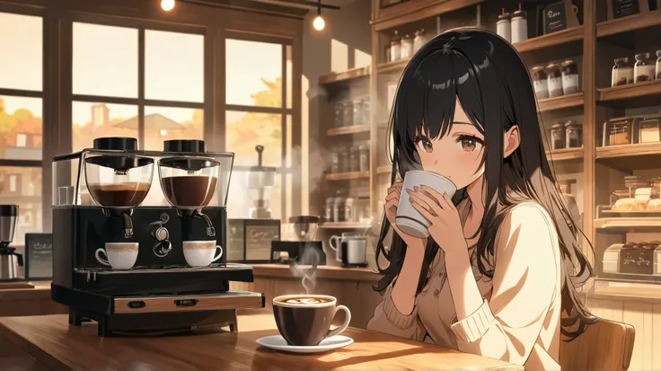 "An inviting and cozy café scene featuring a young woman with long black hair enjoying a warm cup of coffee. She sits by a wooden table, her hands wrapped around the cup, savoring the moment. Soft ambient lighting and gentle steam rising from the coffee cr...