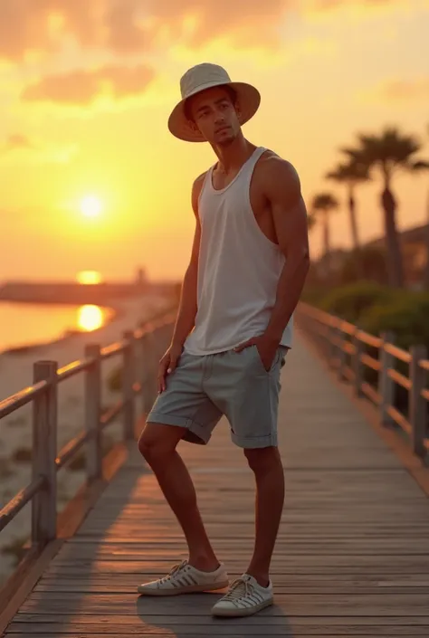 A young male model sitting on a boardwalk with a bucket hat, tank top, and relaxed-fit shorts. His playful yet stylish summer vibe is enhanced by the golden sunset in the background.
