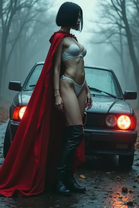 Beautiful sexy Nosferatu invulnerable girl,  short black hair, blue eyes big boobs big butts very fat tall and gigantic white lingerie yoga pants boots red cape is hit by a car at full speed that is destroyed in its front .You can see the vampire in the mi...