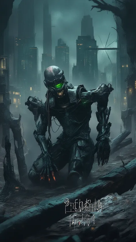 Male cyborg, ruined, kneeling, cyberpunk, holding, glitching matrix, ruined digital city, neon green eyes, darkness, realistic, hyperrealistic, 