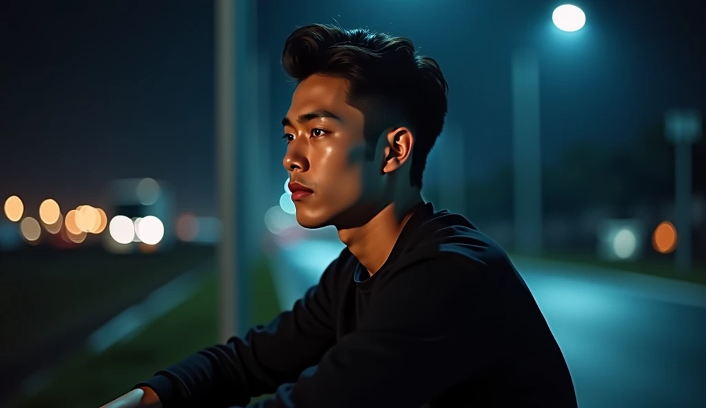 Korean man sitting alone at night, handsome face, beautiful nose, beautiful lips, beautiful eyes, beautiful eyebrows, masterpiece,  Ultra High Definition Picture ,  top quality,  super high resolution,  realistic, beautiful,  full body portrait, amazing ma...