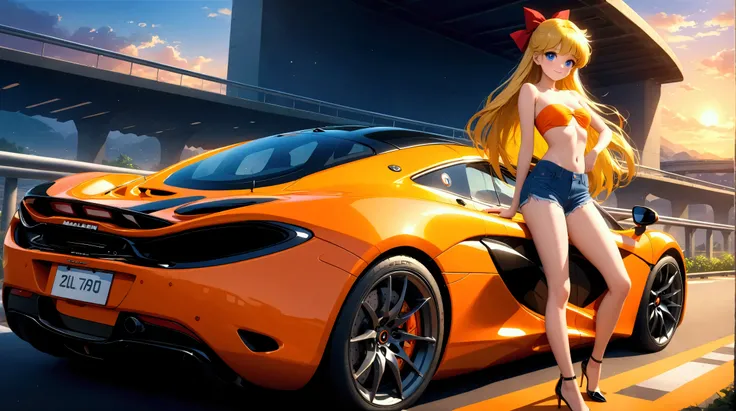 (masterpiece, best quality, very aesthetic , ultra detailed), intriguing details, 4K, aavenus, blue eyes, long hair, blonde hair, hair bow, smile, small breasts, orange Strapless Bandeau, black mini shorts, bare legs, cowboy shot, orange car, veichle, McLa...