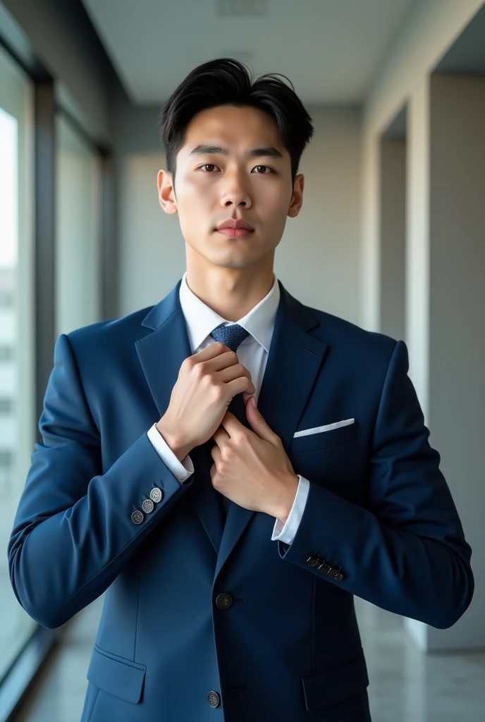 A handsome, Korean man with no mustache, no beard, wearing a blue suit, tying a tie, looking executive 