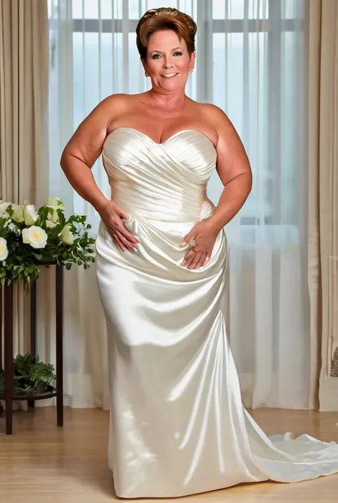 fat 50 year old woman with short light brown hair tied up and tan skin wearing very tight (long white silk wedding dress), ((very wide hips)), ((big round buttocks)), (fat body:1.3)