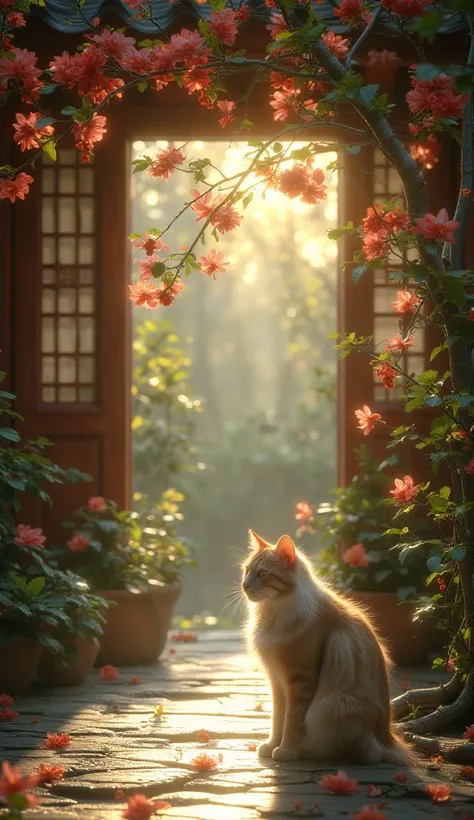 Animal photography,a cat basking in the sun under the tree in front of the door,documentary photography,This photograph captures a serene,diffused light filtering through the lush greenery and blooming red and pink flowers. The background features traditio...