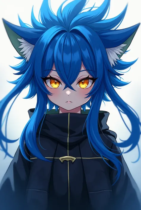 Anime with long spiky blue hair and golden eyes, Your clothes are black with a cat's tooth 
