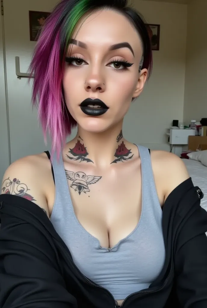 1girl, woman, emo_hairstyle, black lipstick, big choker, eyeliner, eye shadow, mascara, smoky eyes, black lips, bedroom, natural lighting, perfect face, emo, big breasts, black lips, sweatshirt, over the shoulder, tattoo