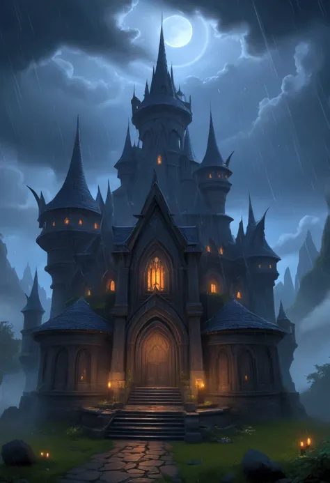 Environment castle nathria in world of warcraft, gothic style fully developed castle, cinematic, raining, night time, detailed, epic , concept art, Matte painting, shafts of lighting, mist, photorealistic, concept art, volumetric light, cinematic epic + ru...