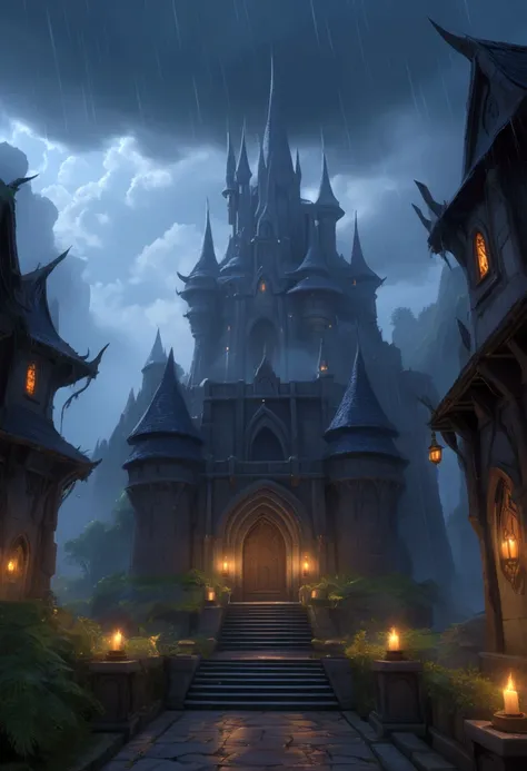 Environment castle nathria in world of warcraft, gothic style fully developed castle, cinematic, raining, night time, detailed, epic , concept art, Matte painting, shafts of lighting, mist, photorealistic, concept art, volumetric light, cinematic epic + ru...