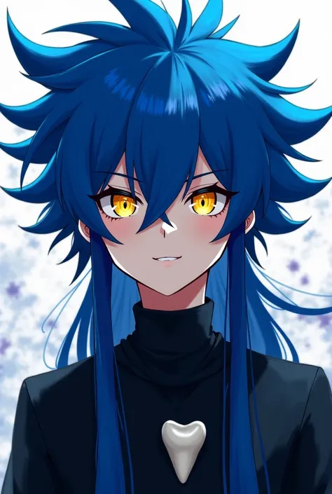 Anime with long spiky blue hair and golden eyes, Your clothes are black with a cat's tooth 
