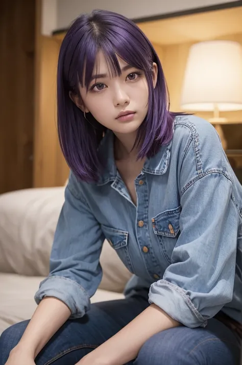  studio shot 、やや乱れたミディアムヘアの人物ヘッドショット、 purple hair、Head shot of a person with medium, slightly tousled hair wearing a casual patterned shirt and jeans 、 pensive expression 、 soft lighting 、 detailed pictures、