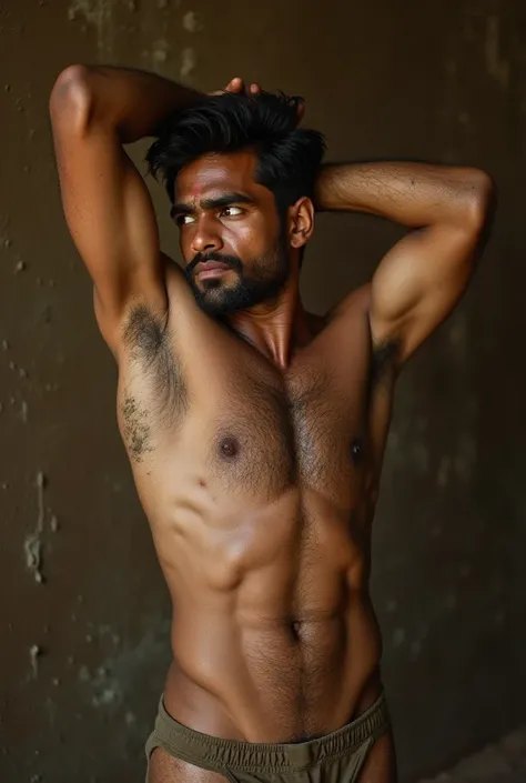 Indian handsome young man in underwear addicted to mud all over his body relaxing in the mud in a muddy background. Arm raised to head, showing hairy armpits, wet chest n brown nipples, deep navel. Intense serious look