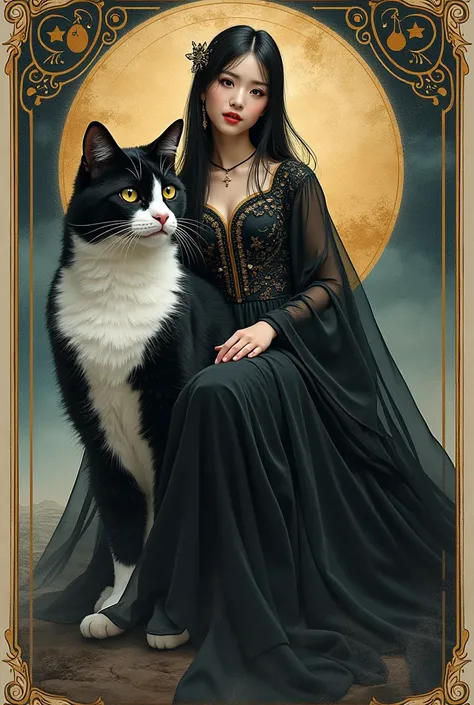 Witch Korean face,white skin,straight long black hair, princess dress giot Sleeve sitting on a enormous tabby black and white cat , strength tarot card background 