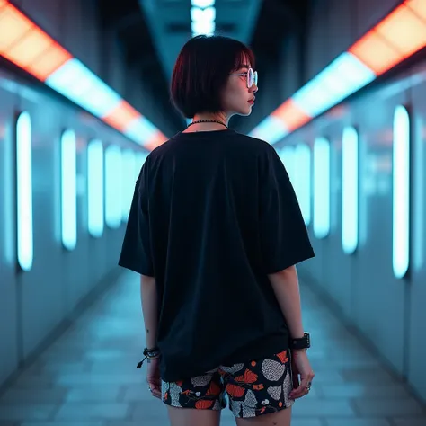 masterpiece.An Asian woman with modern streetwear style stands with her back to the camera in a hallway or tunnel with neon lighting. He wore a loose black t-shirt, shorts with an abstract pattern, and transparent glasses. This woman has bobbed hair, small...