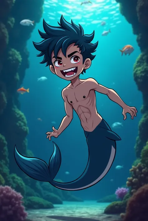 Cartoon male, semi-realistic, adult male merman, aquarium, merman with shark body, slitted red eyes with black eye whites, shark arm fins, shark merman,merman, visible ribs, handsome, adorable, small, massive fangs, sharp teeth, short poofy dark blue hair,...