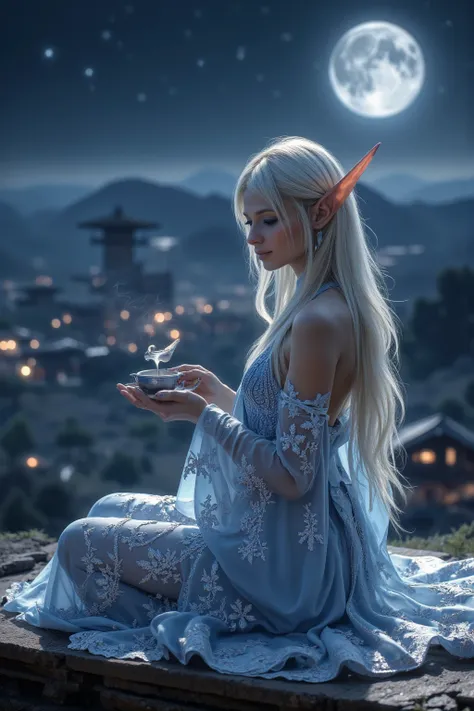 A delicate elf maiden (cute, extremely pale, waist length blonde hair, ice blue big eyes, elegant sheer blue gown with arcane embroidery, quick silver belly chain and body jewelry, no underwear), is sitting on a platform in her mountain top elven village, ...