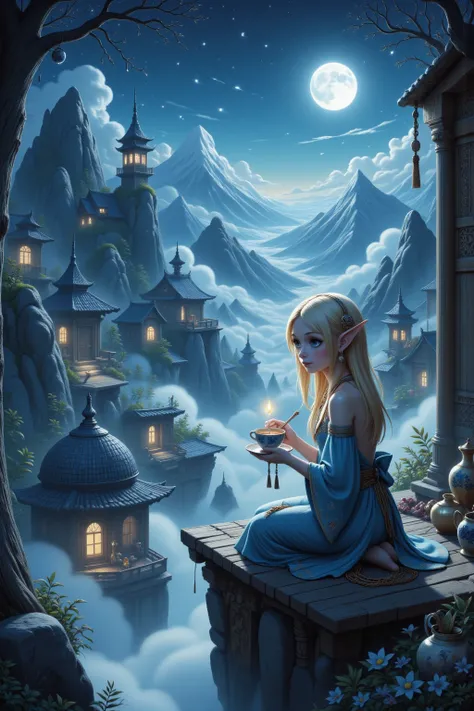 A delicate elf maiden (cute, extremely pale, waist length blonde hair, ice blue big eyes, elegant sheer blue gown with arcane embroidery, quick silver belly chain and body jewelry, no underwear), is sitting on a platform in her mountain top elven village, ...