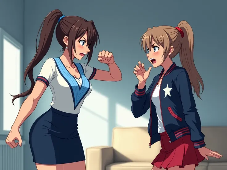 A tense and dramatic anime-style illustration set in a minimalist living room with stark lighting. Valeria, an Argentinian woman with long brown hair featuring subtle light blue and white highlights, is standing with her body tense and her fist raised mid-...