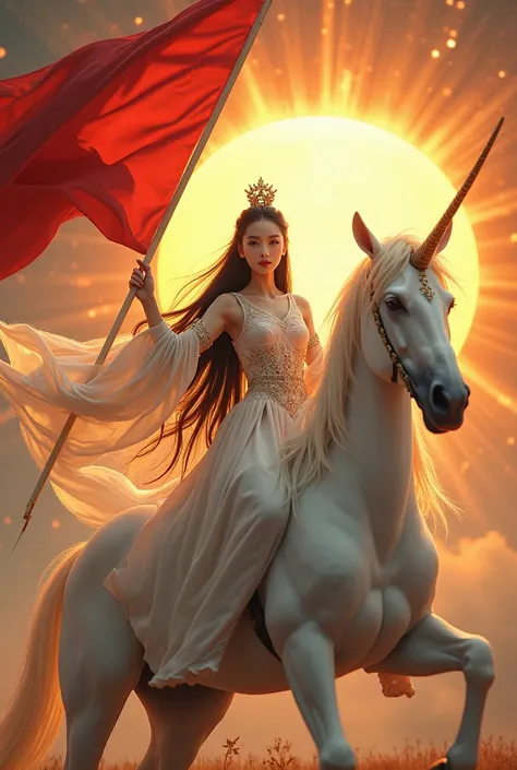 Witch Korean face,white skin,straight long black hair, princess dress giot Sleeve ,hold red flag  sitting on a enormous unicorn , The Sun tarot card background 