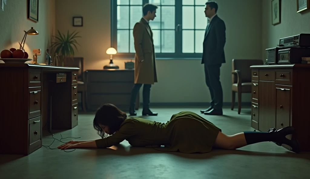 (masterpiece, best quality, official art, beautiful and aesthetic:1.2),photorealistic:1.4,extreme detailed,colorful,highest detailed,A Chinese female body lies lifeless on the floor, her posture indicating a struggle，She should haveshort_hair,curls,wavy bo...