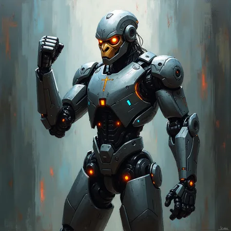 "Create an expressionist painting of a futuristic robot with a striking cybernetics  ape-like face, showcasing a powerful stance with a raised fist. The robot should feature a sleek, metallic body with intricate details and glowing elements that emphasize ...