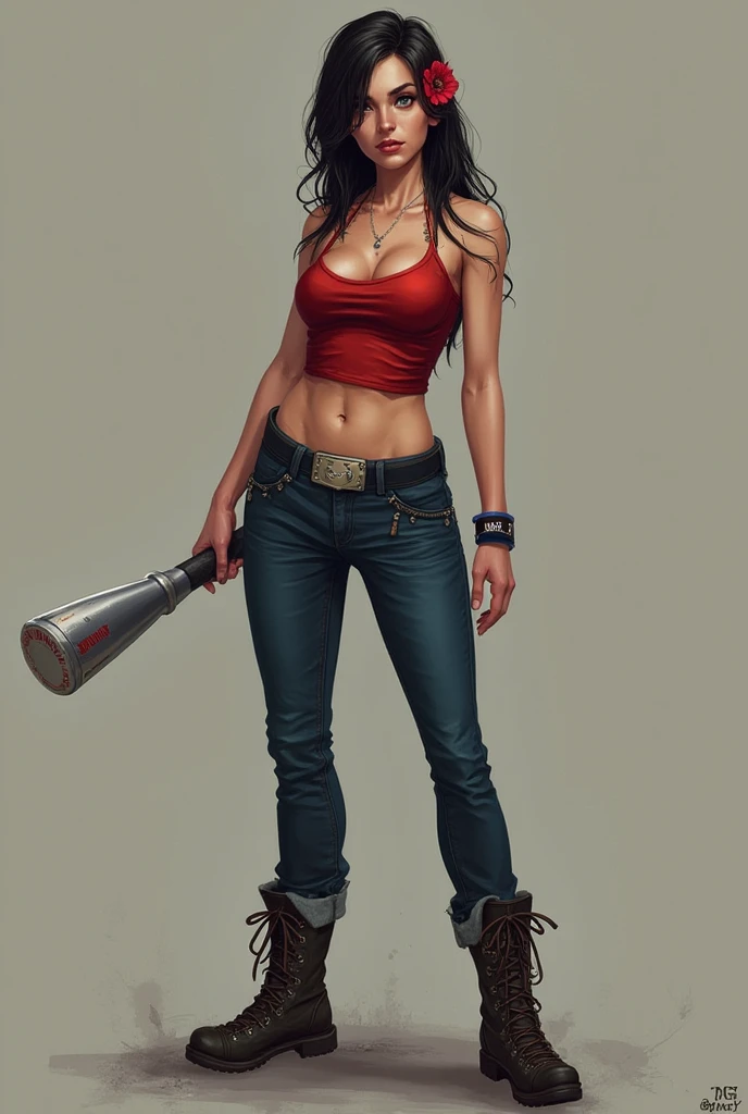 Create an image of a survivor from project Zomboid called Alexia, she should have long dark hair with a side parting and a red flower in her hair, wearing a red bandeau, dark blue jeans and punk boots welding an aluminium baseball bat. She should look unst...