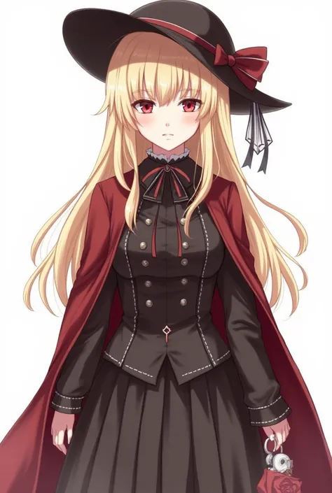 1 girl,  that it shows a full body , Oc, age s, Alone,  Blond hair,  red eyes,  long hair, elegant dark-colored clothing,  with intricate details, Victorian style hat, pale skin tone, clothing and accessories in shades of red and gray, Hunter x Hunter Anim...