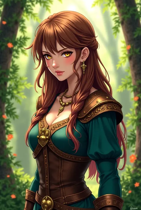 ( masterpiece,  top quality, super detailed,  full body) A Viking girl from anime,  anime style,  in the middle of a forest ,  brown hair earring,  golden eyes,  fair skin , traje viking.
