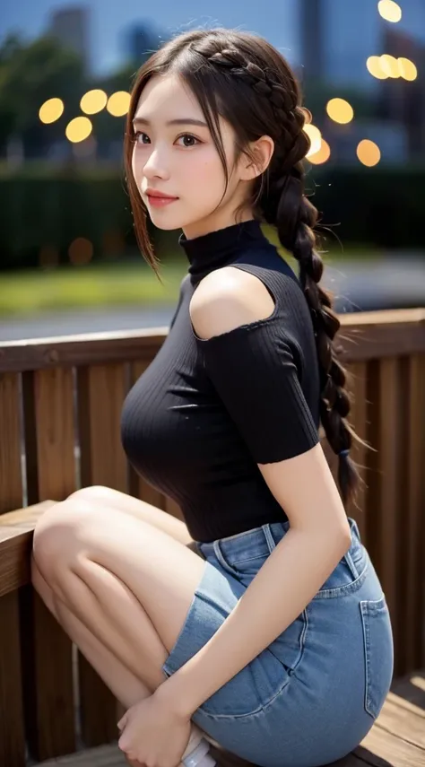     beautiful girl,    Very pretty and classy face    ,     laugh shyly, Deep Valley), ((With the camera behind))、(彼女は    BIG BREASTをしている、(black tone   )High neck ribbed knit T-shirt.    denim skirt、    facing sideways to the viewer、      show me your thig...