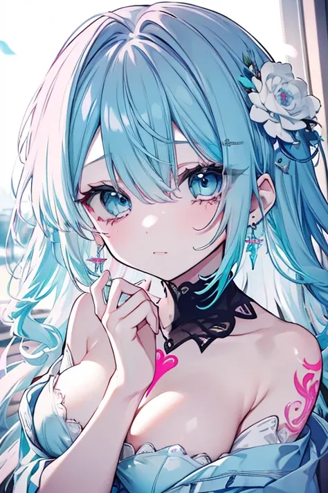 Beautiful woman with pink and light blue hair、Curly Hair、turquoise eyes、 long lashes、 beautiful girl、Earrings、 sharp eyes、 Eyes Without Light、Fall into Darkness、 Return Blood、 tattoo、