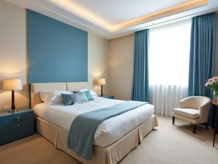 A photo of a spacious and bright bedroom with a king-sized bed. The bed is dressed with soft blue and beige bedding. There are beige walls and a blue accent wall behind the bed. The room has a large window with blue curtains and a white rod. There are mode...