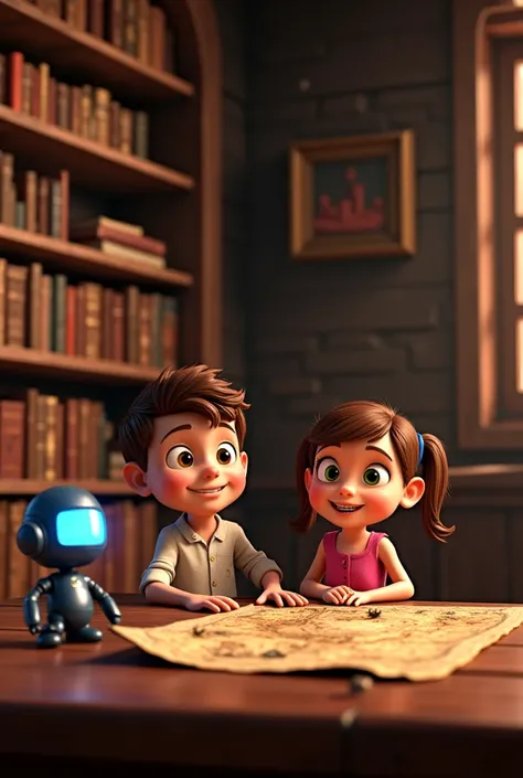 A 3D Pixar-style animated scene of an old, dimly lit wooden library filled with ancient books. An  boy with big green eyes, brown hair, wearing a white shirt and black pants, and an  girl with big green eyes, brown hair, wearing a pink shirt and blue pants...