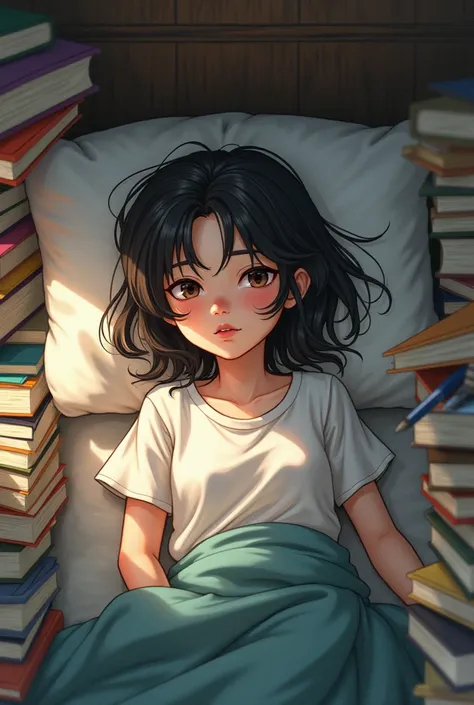 a girl just laying down in her bed with so much school works besides her and books and papers, pen with her in the bed