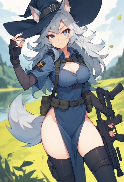 (masterpiece:1.2, best quality:1.2) expressive eyes, perfect face, 22 years old girl, wolf ears, wolf tail, cosplay, tactical clothes style, witch cosplay, ((silver hair)), (silver blue hair), blue eyes, no panties, lake background