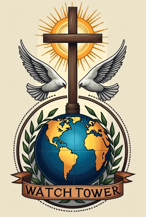 Créé un logo pour moi de mon église qui s'appelle watch tower bible and tract society témoins of Jésus Christ où à l'intérieur il doit y avoir le globe terrestre en grand caractère, la croix, la bible ainsi que la colombe qui sont en interdépendance 