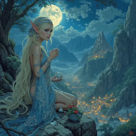 A delicate elf maiden (cute, extremely pale, waist length blonde hair, ice blue big eyes, elegant sheer blue gown with arcane embroidery, quick silver belly chain and body jewelry, no underwear), is sitting on a platform in her mountain top elven village, ...