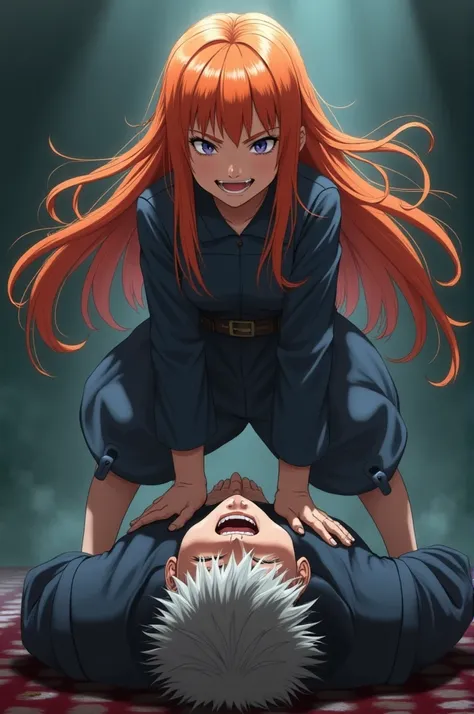  A confident young girl ,  with long and vibrant orange hair ,  stands over her fallen opponent ,  a young man of the same age ,  but with gray hair that contrasts with her youthful appearance . She laughs sadistically ,  with an expression of triumph and ...