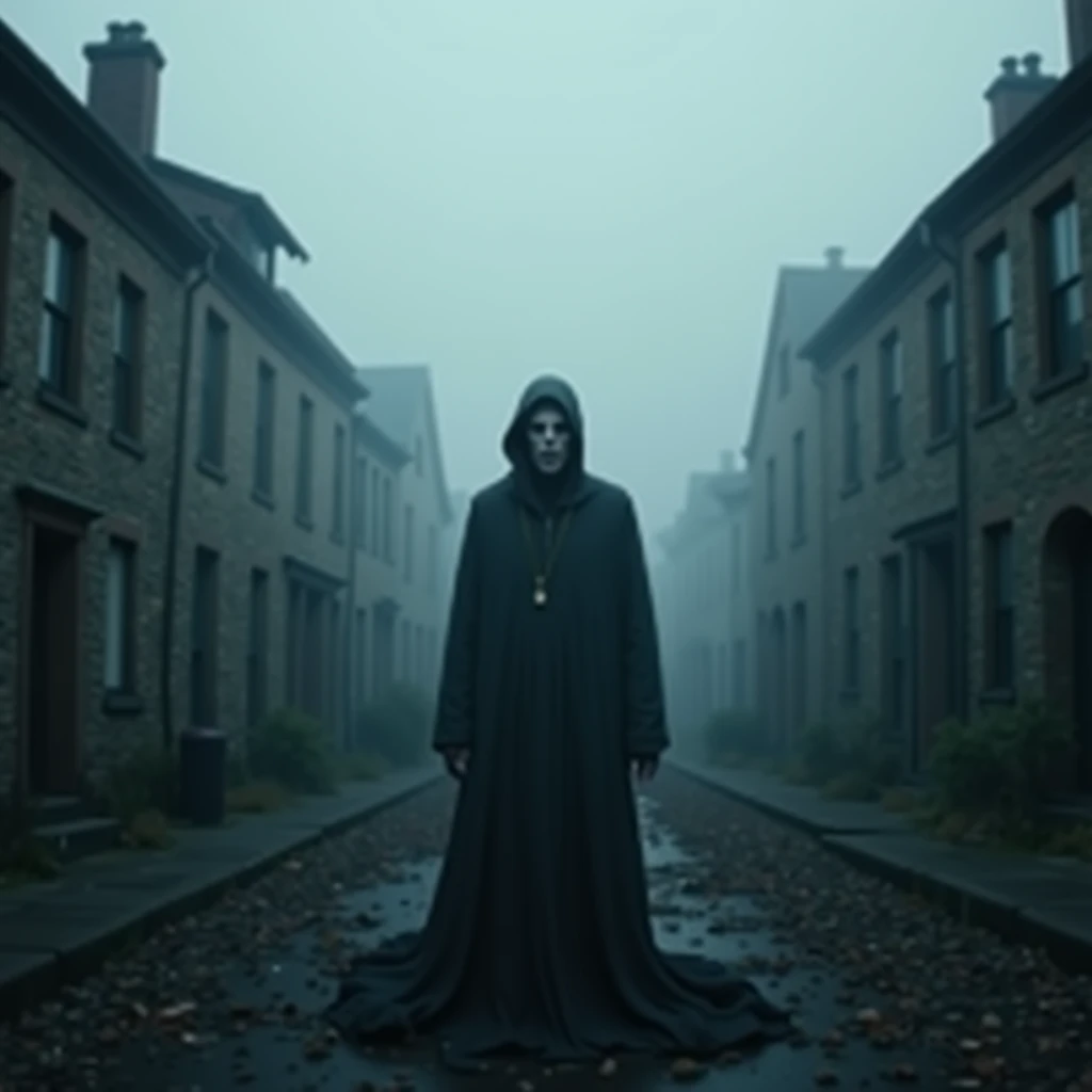 A mysterious, ghostly figure standing in a fog-covered, abandoned town. His voice echoes softly but ominously as he speaks, "No one who comes here can ever leave." His hollow eyes seem to pierce through the mist, and the empty streets behind him stretch en...