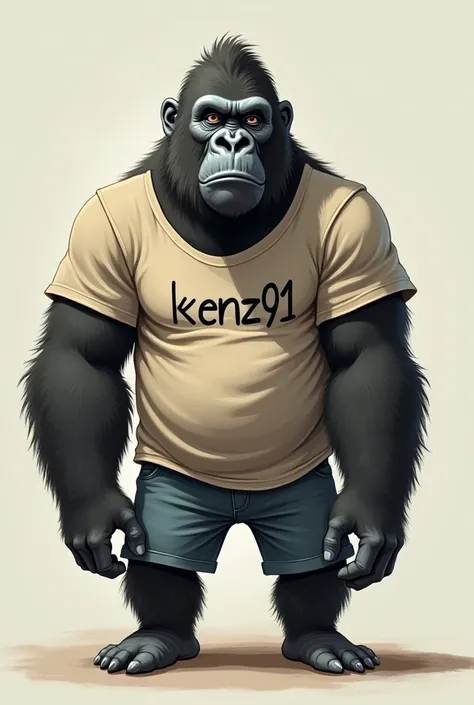 make me a picture of a gorilla wearing casual clothes that say kenz91 on his shirt