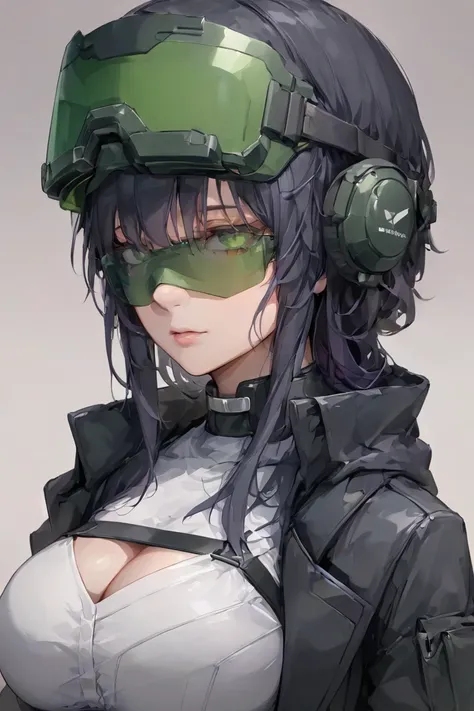 Create a woman wearing a military technological helmet with rectangular and green visors that covers her entire face and with large breasts.  wearing a black overcoat, a black crooped and a pair of black jeans.