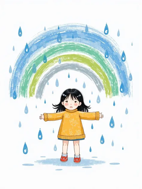  rainy day rough crayon hand drawn illustration on white background，It's fun。 stick figure style ，Minimalist healing ，Lots of white space， Bright Colors ， Easy brushstroke ， cute, warm and simple and clean 。