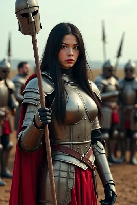 Sexy girl, standing on a battlefield, wearing armor, holding a spear with a dead man’s head stuck on it, long black hair, proud facial expression, who was killed by the sexy girl, surrounded by knights, 