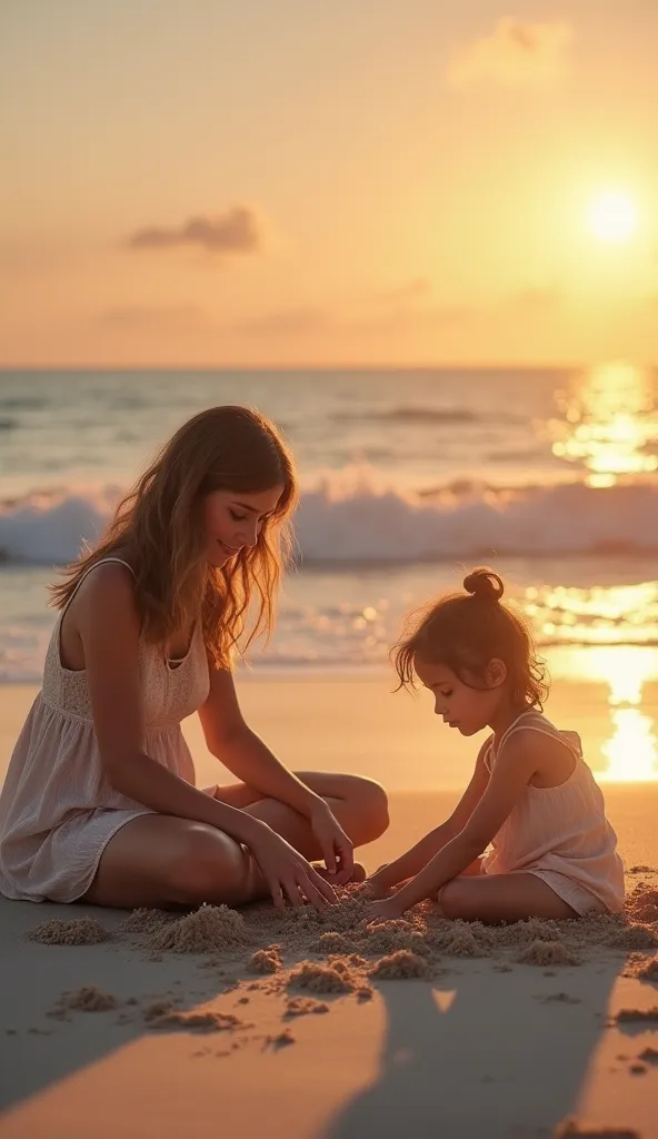 A little  girl playing with a pile of sand on the beach in the evening and her beautiful mother looking on 