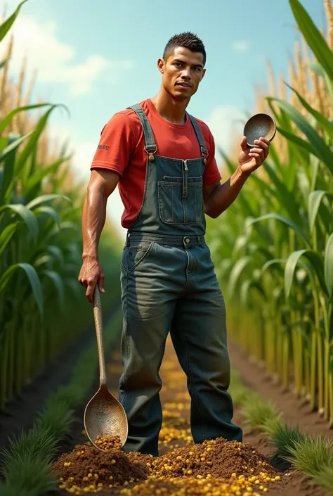 CREATE AN IMAGE OF CRISTIANO RONALDO HARVESTING CORN ON THE FARM WITH A VERY REALISTIC SPOON