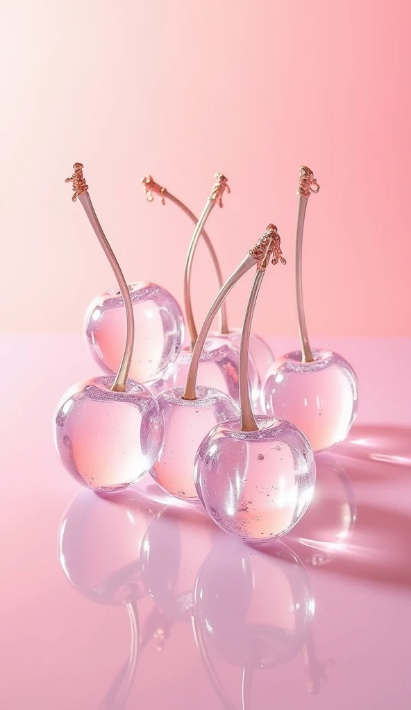 clear glass cherries、  has a pink background、 Genuine 、  high image quality