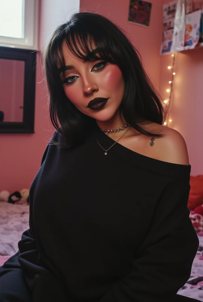 1girl, woman, emo_hairstyle, black lipstick, big choker, eyeliner, eye shadow, mascara, smoky eyes, black lips, bedroom, natural lighting, perfect face, emo, big breasts, black lips, sweatshirt, over the shoulder, tattoo