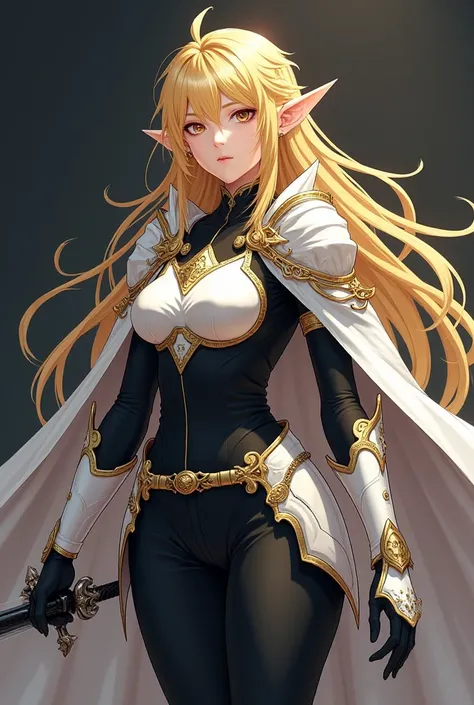 ( artwork,  top quality,  borrowed letter ,  official art ,  beautiful and aesthetic  :1.2)  female, Elfa from anime, long yellow spiked hair,  golden eyes,  white and gold armor, wearing white cape, black and gold , black t-shirt and pants ,  wielding a w...