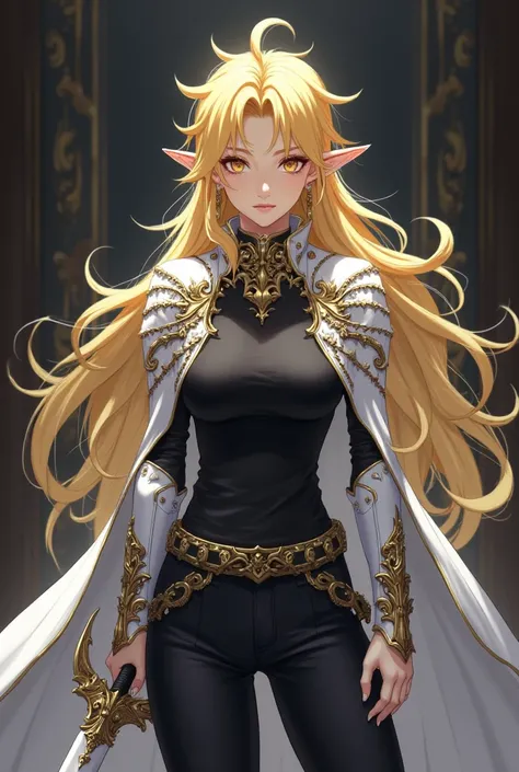 ( artwork,  top quality,  borrowed letter ,  official art ,  beautiful and aesthetic  :1.2)  female, Elfa from anime, long yellow spiked hair,  golden eyes,  white and gold armor, wearing white cape, black and gold , black t-shirt and pants ,  wielding a w...