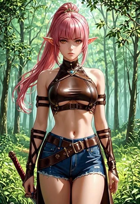 ((best quality)), ((masterpiece)), (detailed), (1girl), solo, Elf, Pointy ears, light-pink hair with delicate strands falling gently onto her face, (high ponytail), amber eyes, tsurime, slant eyes, displeased, scowl, looking at the viewer, bare shoulders, ...